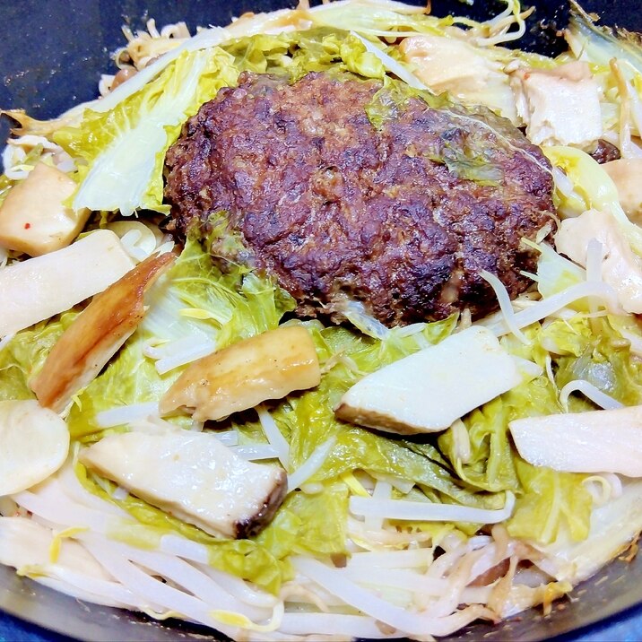 山東菜エリンギもやしハンバーグ蒸し煮